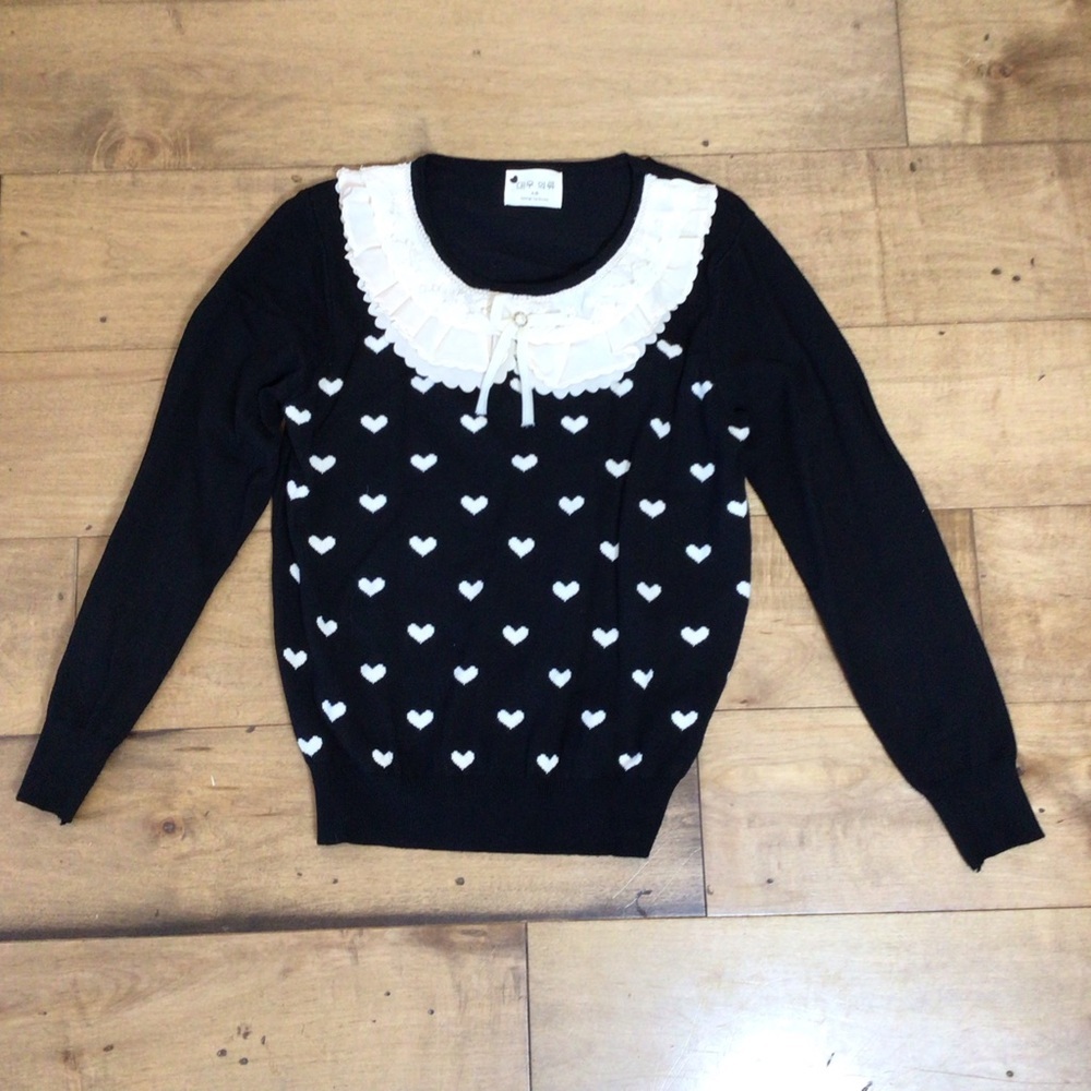 Womens Pullover Sweater Made in Korea Cottagecore Hearts Lace Collar Size Small. - Picture 6 of 10